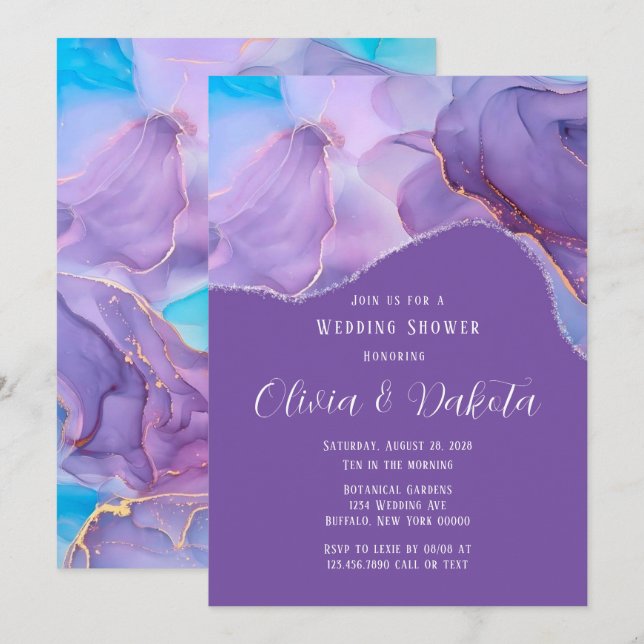 Purple Teal Ethereal Alcohol Ink Wedding Shower Invitation (Front/Back)