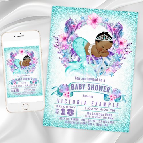 Purple Teal Ethnic Mermaid Baby Shower Invitation
