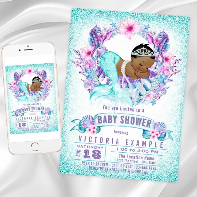 Purple Teal Ethnic Mermaid Baby Shower Invitation (African American mermaid baby shower invitation. Instant download and printed invitations available.)