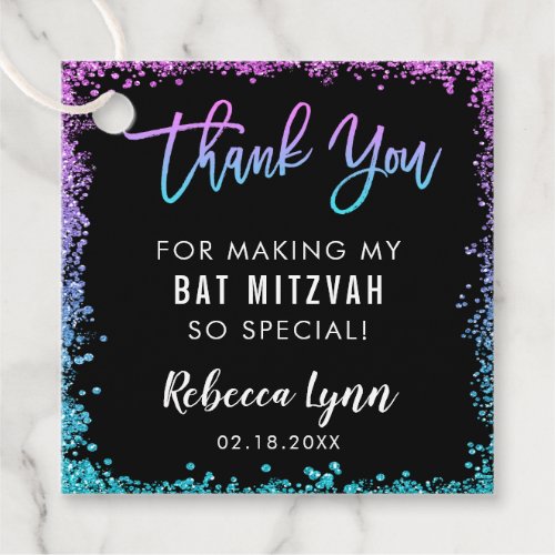 Purple Teal Faux Glitter Bat Mitzvah Favor Tags