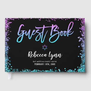 Purple Teal Faux Glitter Bat Mitzvah Guest Book