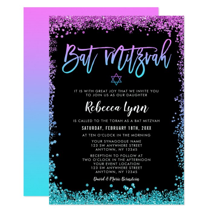 Purple Teal Faux Glitter Bat Mitzvah Invitation Zazzle Purple Teal Faux Glitter Bat Mitzvah