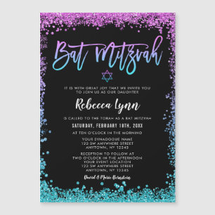 Purple Teal Faux Glitter Bat Mitzvah Magnetic Invitation