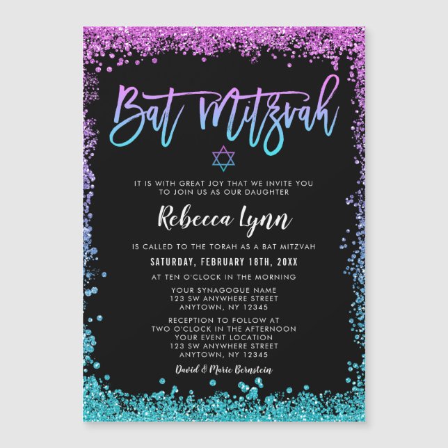 Purple Teal Faux Glitter Bat Mitzvah Magnetic Invitation (Front)