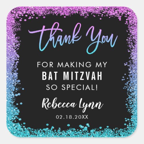 Purple Teal Faux Glitter Bat Mitzvah Square Sticker