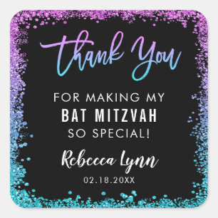Purple Teal Faux Glitter Bat Mitzvah Square Sticker
