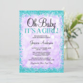 Purple Teal Faux Glitter Lights Girl Baby Shower Invitation (Standing Front)