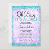Purple Teal Faux Glitter Lights Girl Baby Shower Invitation (Front)