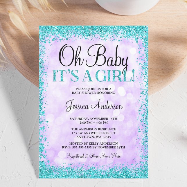 Purple Teal Faux Glitter Lights Girl Baby Shower Invitation