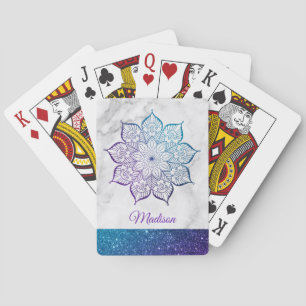 Purple & Teal Faux Glitter Mandala on Gray Marble Poker Cards
