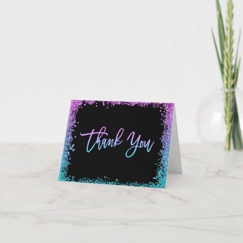 Purple Teal Faux Glitter Thank You Card