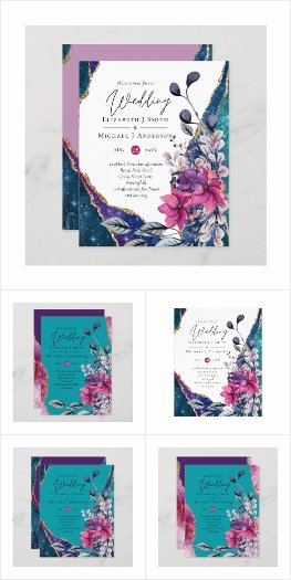 Purple Teal Floral Agate Wedding Invitations