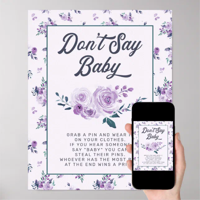 Purple Teal Floral Don't Say Baby Shower Game Sign | Zazzle