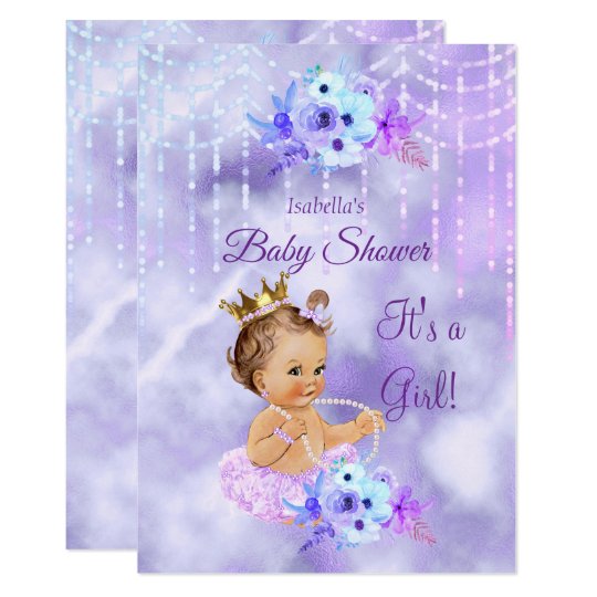 Purple Teal floral Girl Baby Shower Brunette Invitation | Zazzle.com