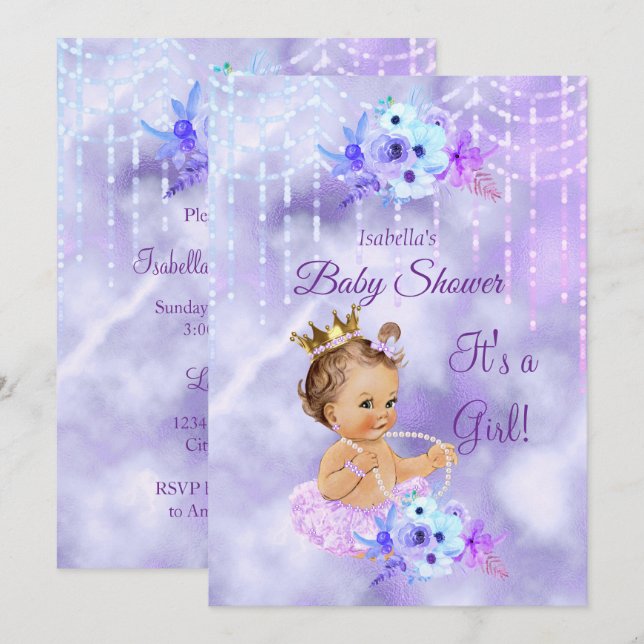 Purple Teal floral Girl Baby Shower Brunette Invitation (Front/Back)