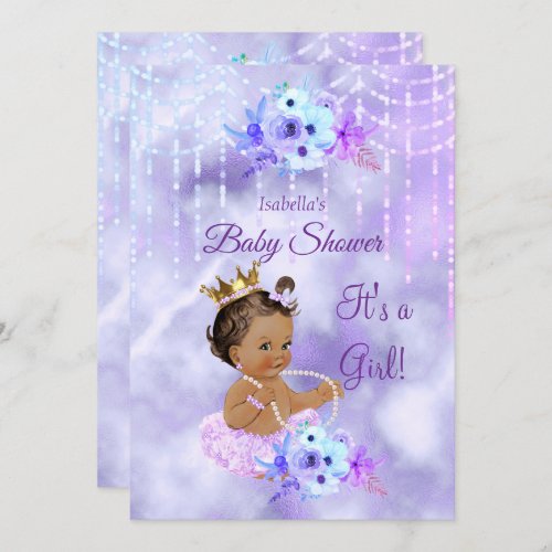 Purple Teal floral Girl Baby Shower dark Brunette Invitation