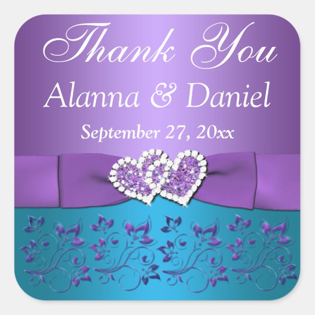 Purple, Teal Floral, Heart 1.5" Sq. Wedding Favor Square Sticker (Front)