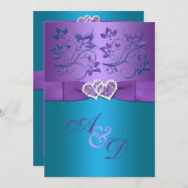 Purple, Teal Floral Hearts Monogram Wedding Invite (Front/Back)