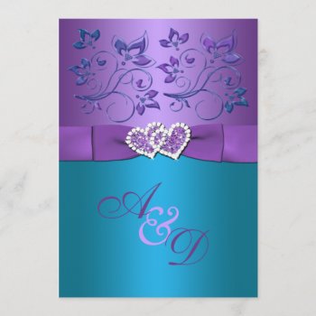 Purple, Teal Floral Hearts Monogram Wedding Invite