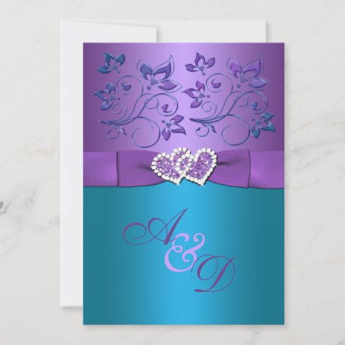 Purple Teal Floral Hearts Monogram Wedding Invite