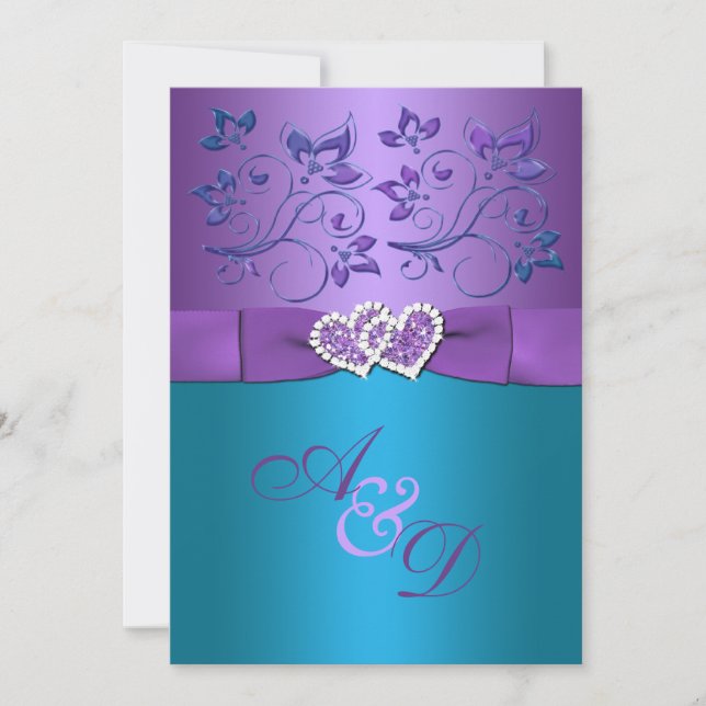 Purple, Teal Floral Hearts Monogram Wedding Invite (Front)