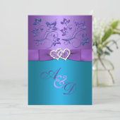 Purple, Teal Floral Hearts Monogram Wedding Invite (Standing Front)