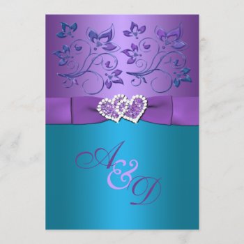 Purple  Teal Floral Hearts Monogram Wedding Invite by NiteOwlStudio at Zazzle