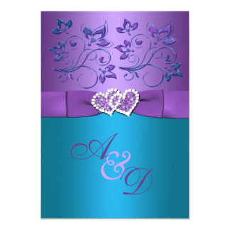 Purple, Teal Floral Hearts Monogram Wedding Invite