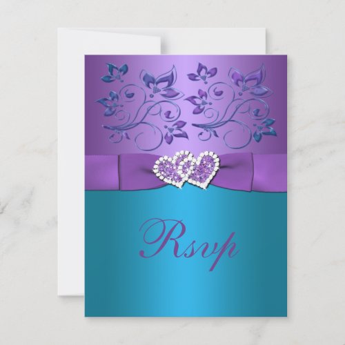 Purple Teal Floral Hearts Monogram Wedding RSVP