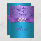 Purple, Teal Floral Hearts Monogram Wedding RSVP (Front/Back)
