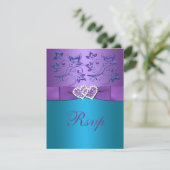 Purple, Teal Floral Hearts Monogram Wedding RSVP (Standing Front)