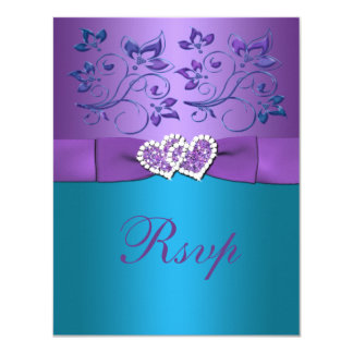 Purple, Teal Floral Hearts Monogram Wedding RSVP Invitation