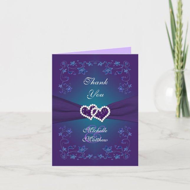 Purple, Teal Floral, Hearts PHOTO Thank You Card (Front)