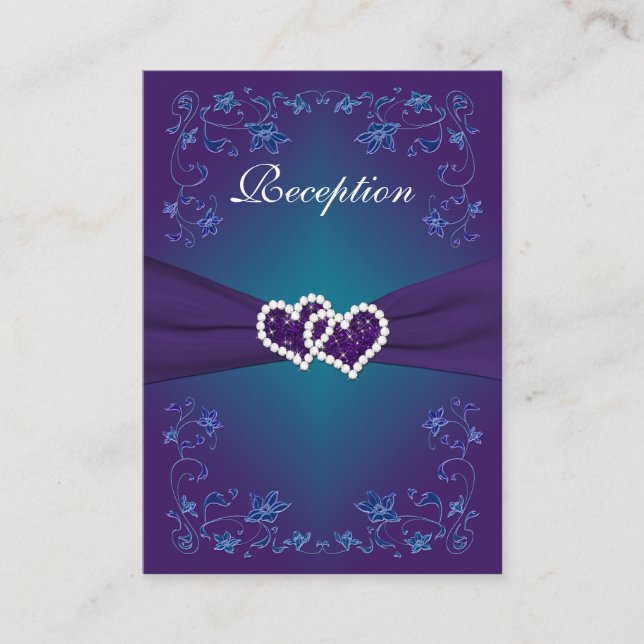 Purple Teal Floral Hearts Reception Enclosure Card (Front)