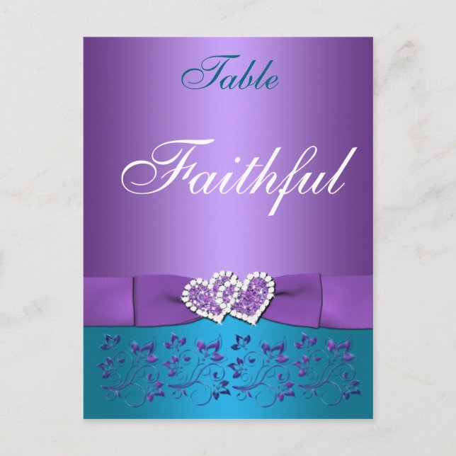 Purple, Teal Floral, Hearts Table Name Card (Front)