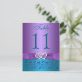 Purple, Teal Floral, Hearts Table Number Card (Standing Front)