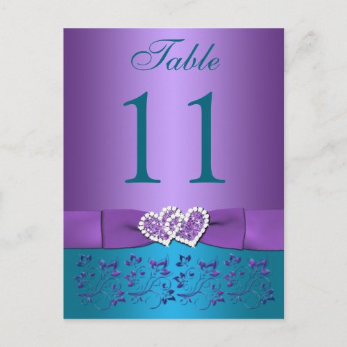 Purple Teal Floral Hearts Table Number Card