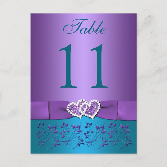 Purple, Teal Floral, Hearts Table Number Card (Front)