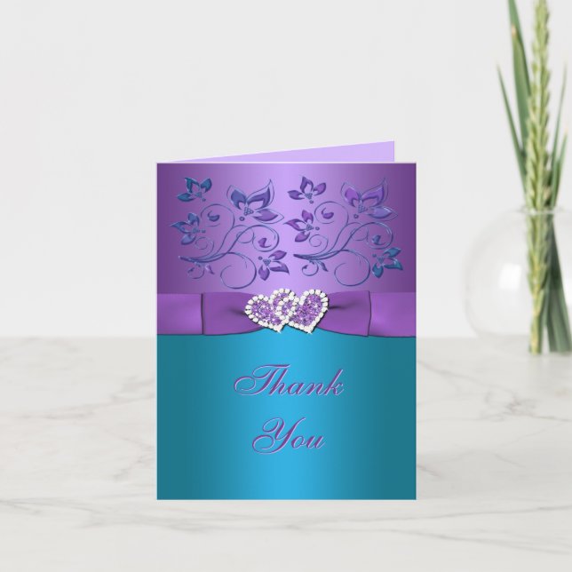 Purple, Teal Floral, Hearts Thank You Card (Front)