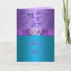 Purple, Teal Floral, Hearts Thank You Card