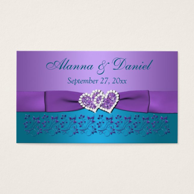 Purple, Teal Floral, Hearts Wedding Favor Tag (Front)