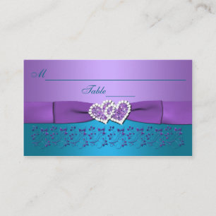 Purple, Teal Floral, Hearts Wedding Placecards