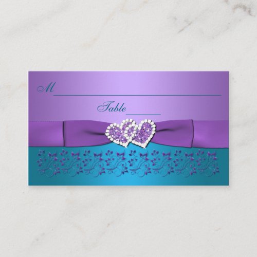 Purple, Teal Floral, Hearts Wedding Placecards Business Card Template