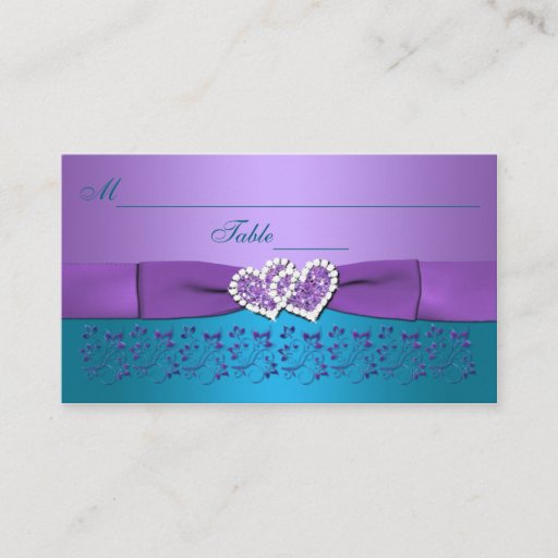 Customizable Purple, Teal Floral, Hearts Wedding Placecards Business Card Template