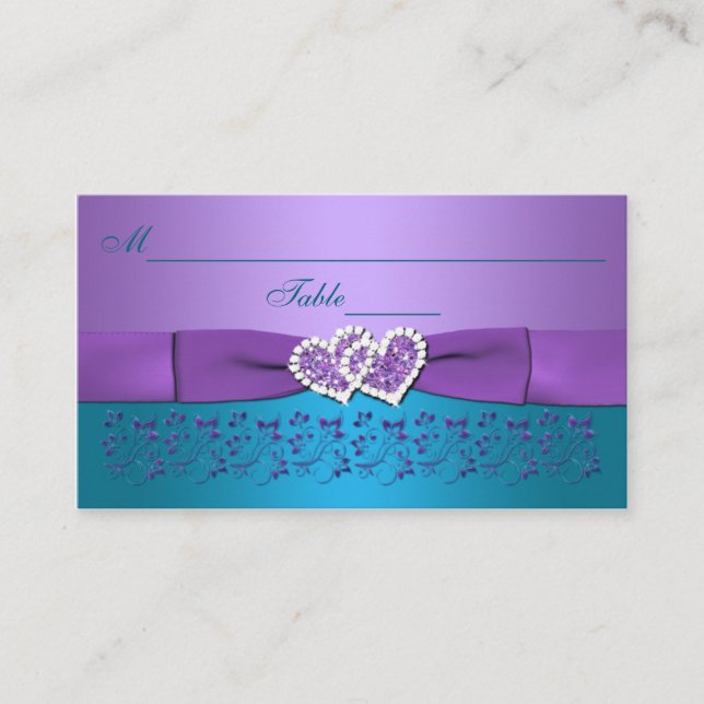 Purple, Teal Floral, Hearts Wedding Placecards (Front)