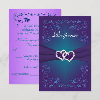 Purple, Teal Floral Hearts Wedding RSVP Invitation