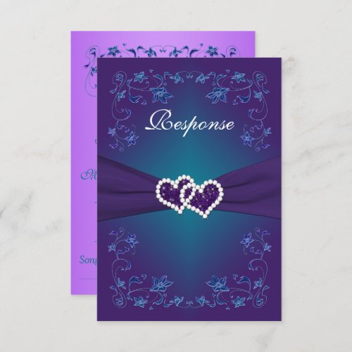 Purple Teal Floral Hearts Wedding RSVP Invitation