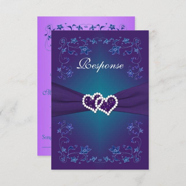 Purple, Teal Floral Hearts Wedding RSVP Invitation (Front/Back)