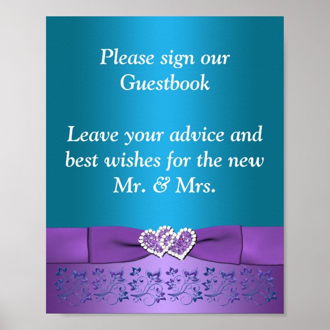 Purple, Teal Floral Hearts Wedding Sign (Front)