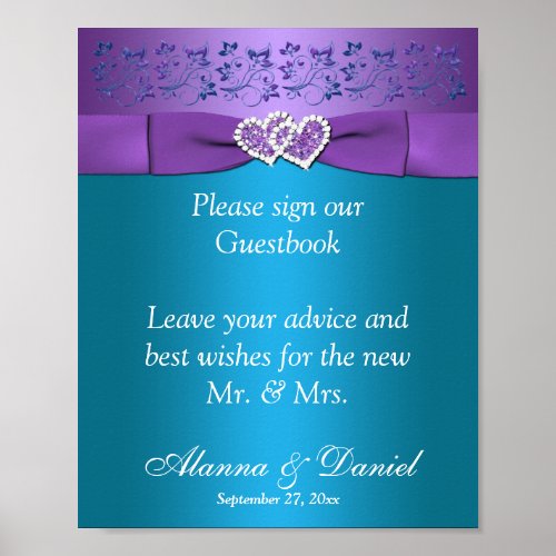 Purple Teal Floral Hearts Wedding Sign 2